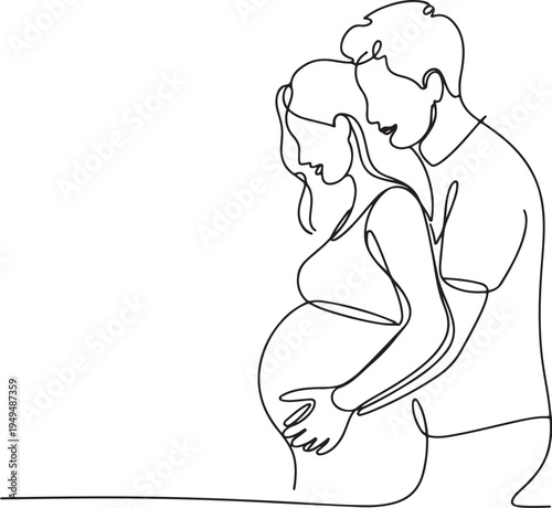 Single line drawing of a pregnant couple embracing