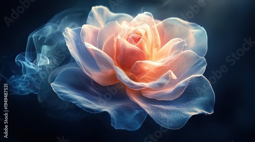 A luminous rose with translucent petals of coral and blue, surrounded by wispy smoke against a dark background. AI.