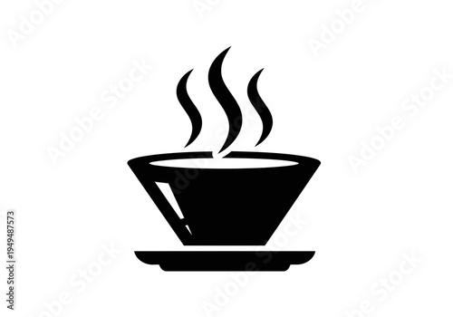 A very stylish black silhouette of a steaming hot cup of coffee on a saucer with three hot steam line