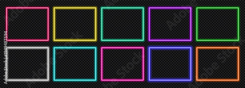 Neon button action with light call ui and web game blue. Vector frame glow with sign box 3d and rectangle dark modern. Purple green neon with icon red light and border call. Vector illustration set