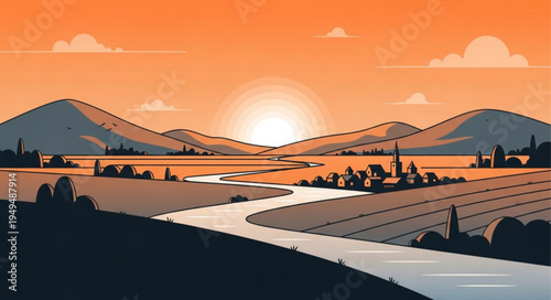 Scenic rural landscape at sunset with winding river and mountains.