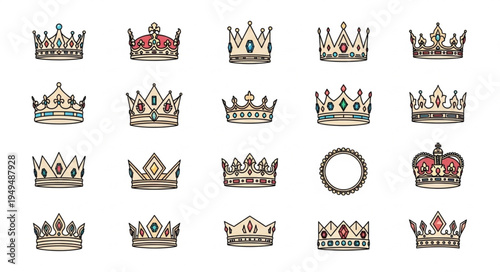 Collection of Hand Drawn Royal Crowns and Tiaras Isolated on White Background.