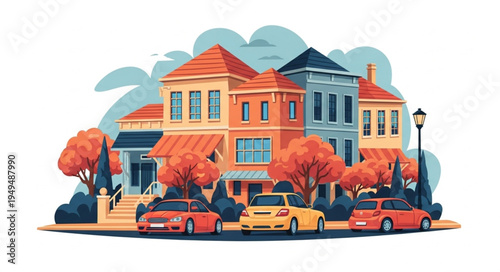 Charming residential street with colorful houses and cars.