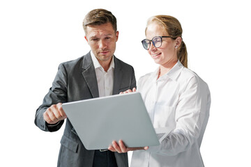 Business people analyze important project details together on a laptop during a productive, cut out transparent background