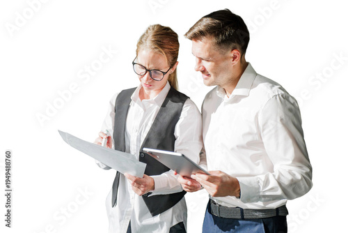 Two business people businessman and businesswoman collaborate, a woman points at paper documents while a man holds a digital tablet, reviewing information. cut out transparent background