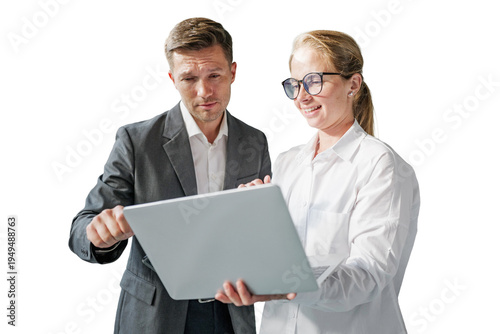 Business people analyze important project details together on a laptop during a productive, cut out transparent background