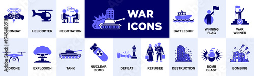 War Icons Set with Military Symbols including Tank Drone Helicopter Nuclear Bomb Explosion and Conflict Elements