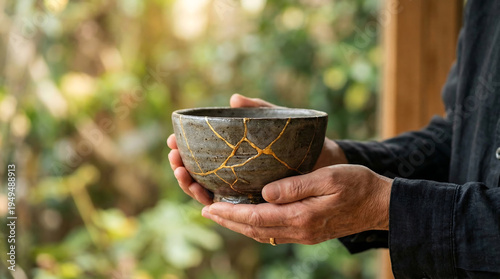 Hands holding repaired ceramic bowl with gold seams, self healing and acceptance concept in natural light
