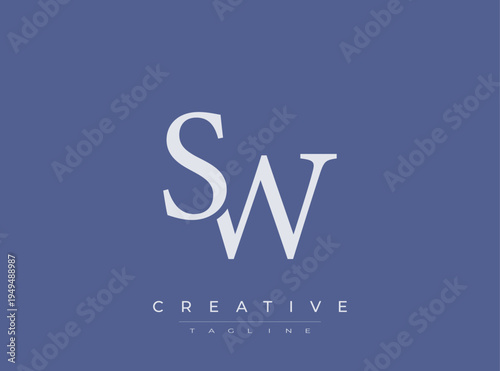 SW creative logo design template with tagline on blue background