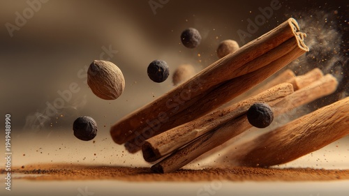 Floating spices in dramatic light. AI generated