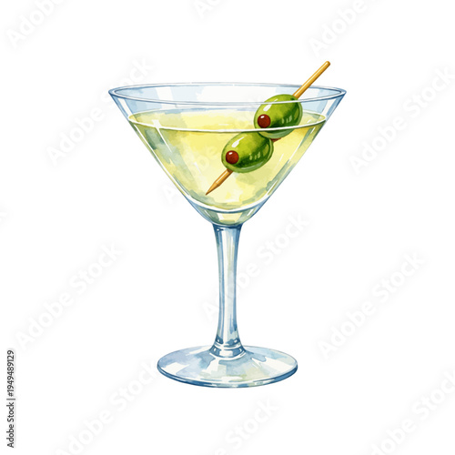 A watercolor vector of a martini cocktail glass with two olives on a skewer for bar menu designs, cocktail illustrations, and classic drink clipart.
