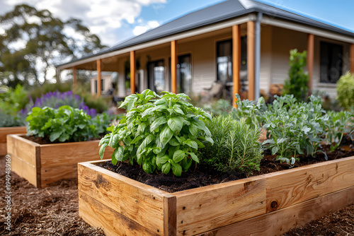 Herbs and vegetables grow in raised garden beds near a house on a sunny day in autumn