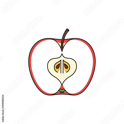 A vibrant illustration of a red apple cut in half, revealing its core, seeds, and internal structure on a white background.