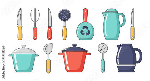 Collection of kitchen utensils and cookware isolated on white background