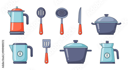 Collection of kitchen utensils and cookware in flat cartoon style