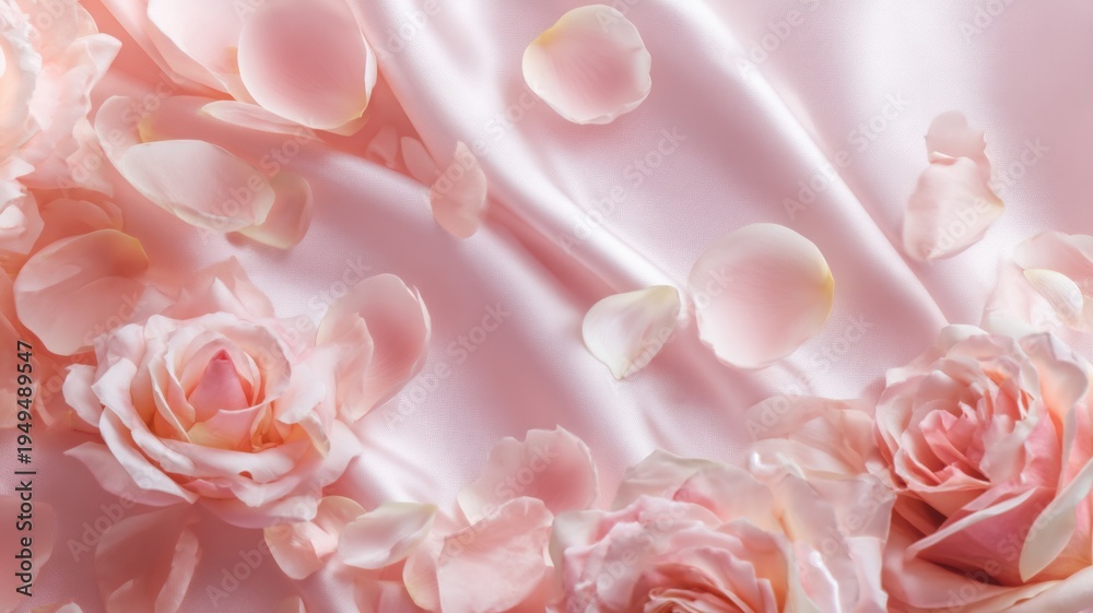 Obraz premium Elegant pink roses on soft fabric with petals. Artificial intelligence image