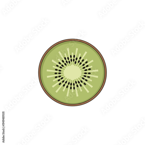 A close-up illustration of a sliced kiwi fruit showing its distinctive green flesh and black seeds arranged in a radial pattern.