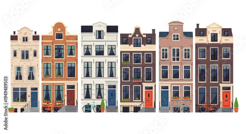 Row of colorful historic Dutch canal houses with unique architecture.