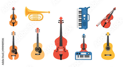 Collection of musical instruments guitars violins trumpet and keyboard