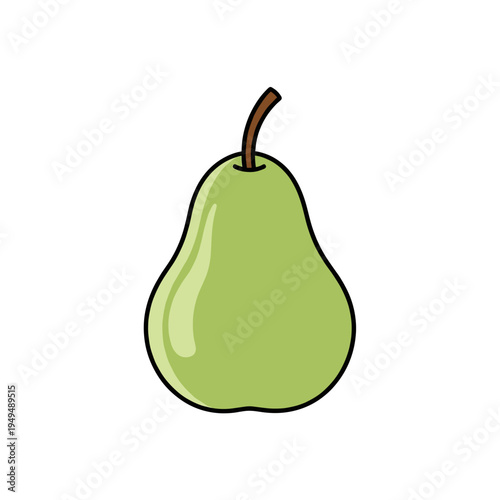 A simple, stylized illustration of a green pear with a brown stem against a white background.