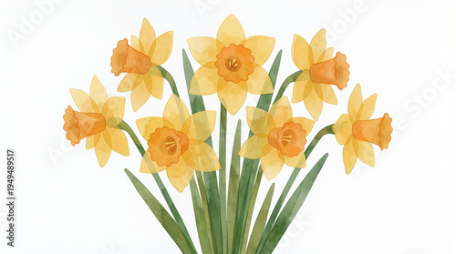 Yellow daffodils arranged in bouquet on white background  