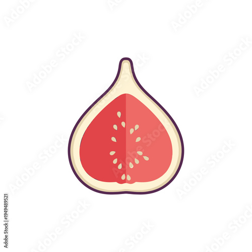 A stylized illustration of a ripe fig cut in half, revealing its vibrant red flesh and numerous tiny seeds.