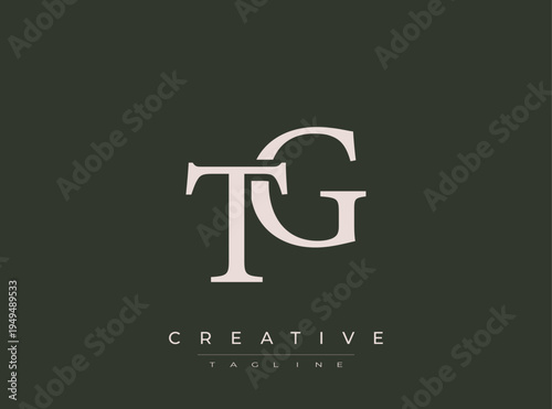 Tg logo design template with creative tagline on dark background