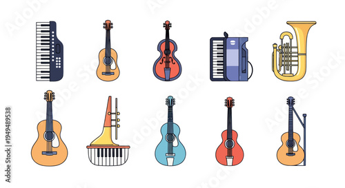 Collection of musical instruments illustrations in flat design style