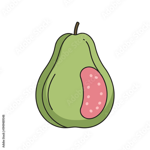 A cartoon illustration of a ripe green pear with a pink, seed-filled section cut out, showcasing its internal texture and color.