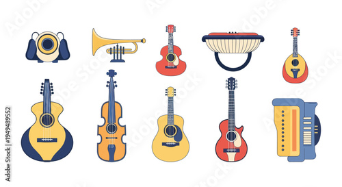 Collection of musical instruments illustrations isolated on white background
