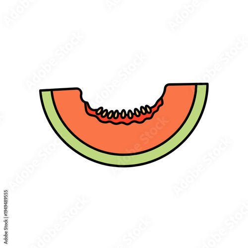 A vibrant slice of ripe cantaloupe melon, showcasing its juicy orange flesh and small seeds, with a bite taken out of it.