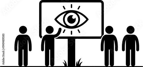 People standing in front of large billboard with big eye symbol for surveillance, vision, observation, and outdoor advertising concept vector illustration