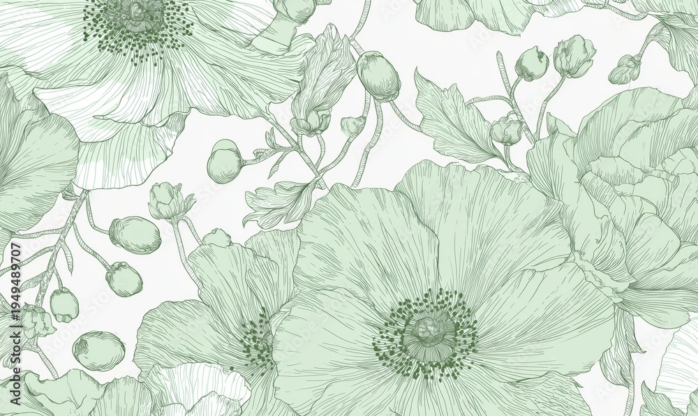 © SKIMP Art - design an elegant and sophisticated pattern featuring delicate floral motifs in soft pastel green, with subtle outlines on a white background Generative AI