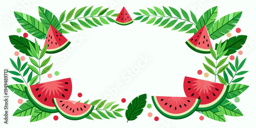 Tropical watermelon slices and green leaf border frame, vector