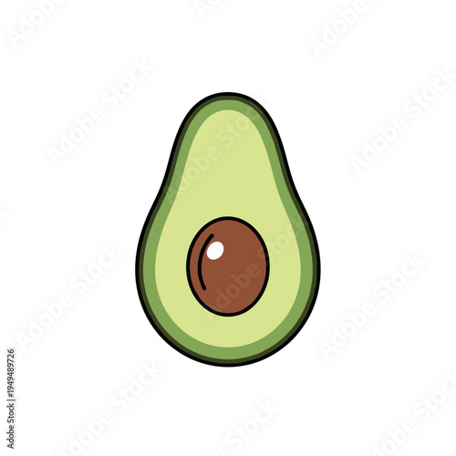 A simple cartoon illustration of a halved avocado with its pit, showing the green flesh and brown seed on a white background.
