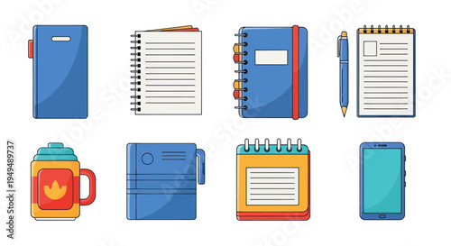 Collection of office supplies and digital devices with cartoon style