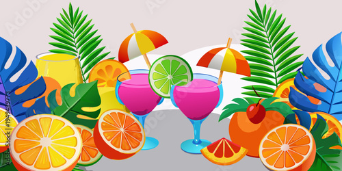 Tropical summer cocktails with citrus fruits and exotic leaves, vector