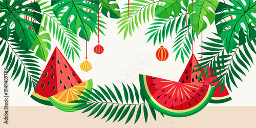 Tropical summer banner with watermelon slices and palm leaves, vector