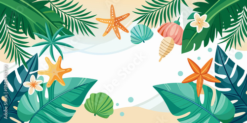 Tropical summer beach border with leaves and starfishes, vector