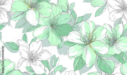 light green and white floral pattern, simple lines clear details and delicate textures Generative AI