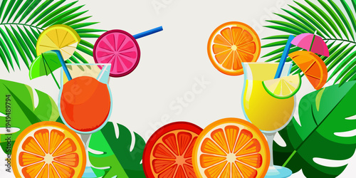 Refreshing summer cocktails and tropical leaves illustration, vector