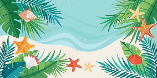 Tropical beach summer background with palm leaves and starfish, vector