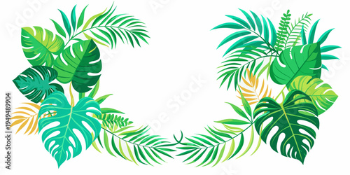 Tropical leaf frame with monstera and palm leaves, vector