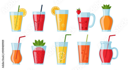 Collection of refreshing fruit juices in various glasses with straws isolated