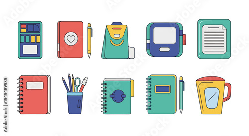 Collection of school and office supplies in flat vector style design