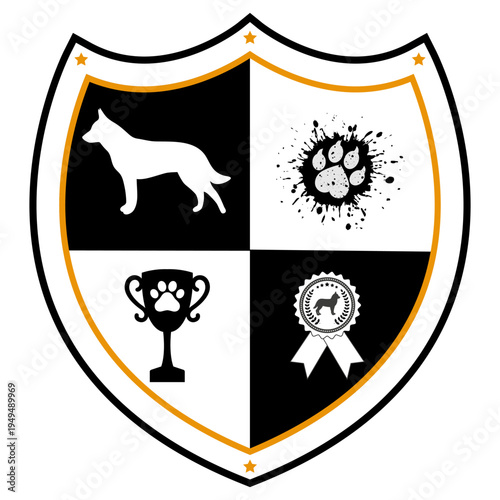 Illustration of a shield with design elements of a vet clinic and animal care on a white background