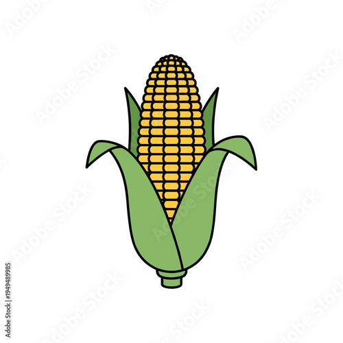 A vibrant illustration of a single yellow corn cob with green husks, depicted on a white background.