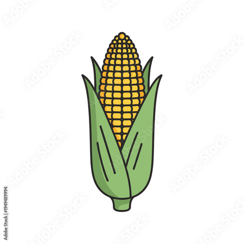 Vibrant illustration of a single ear of corn with yellow kernels and green husks on a white background.