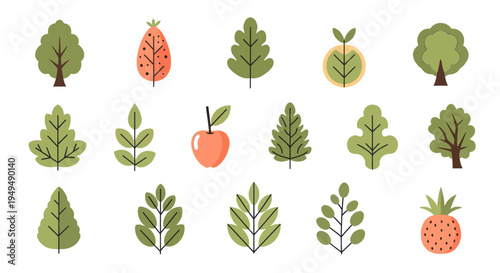 Collection of stylized green trees and fruit illustrations on white background