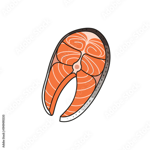 A top-down illustration of a raw salmon steak, showcasing its distinct pink flesh and white fat marbling.